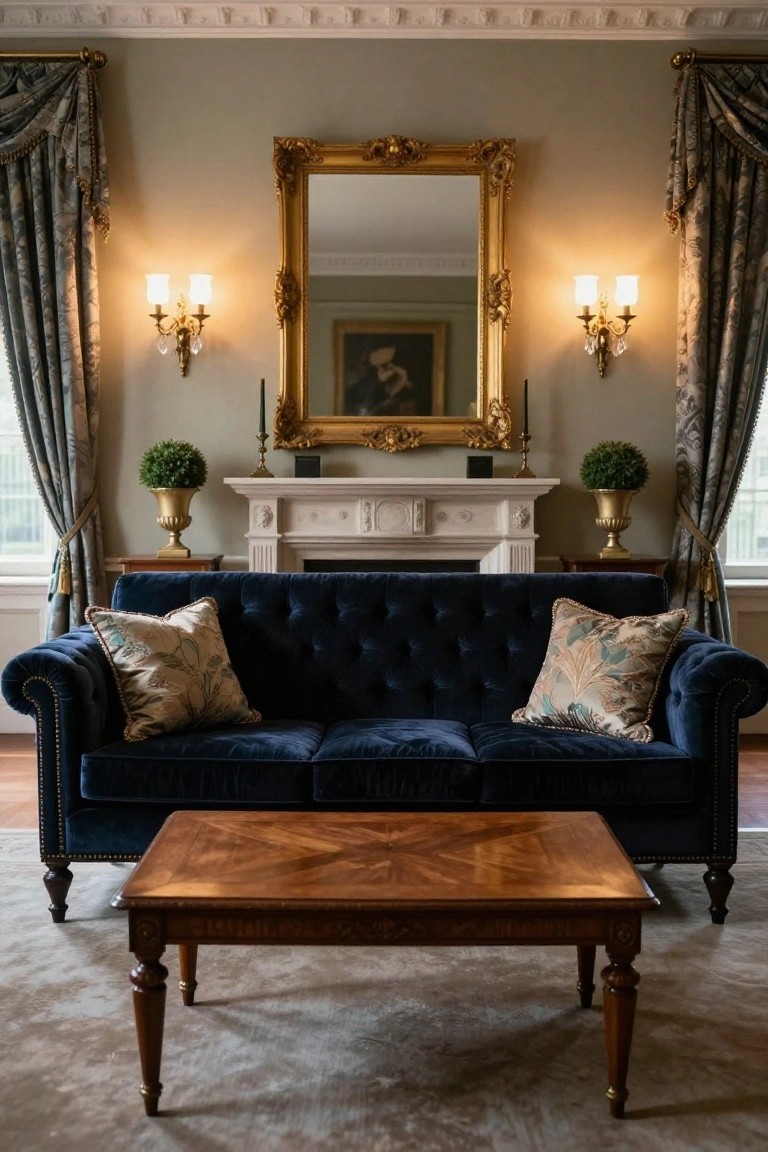 Navy blue tufted velvet sofa centered in front of a white marble fireplace with gold-framed mirror above, matching potted topiaries and candlesticks on console tables to each side, wall sconces, blue patterned pillows, and parquet wood coffee table on a gray rug in a formal room with green walls and draped windows.