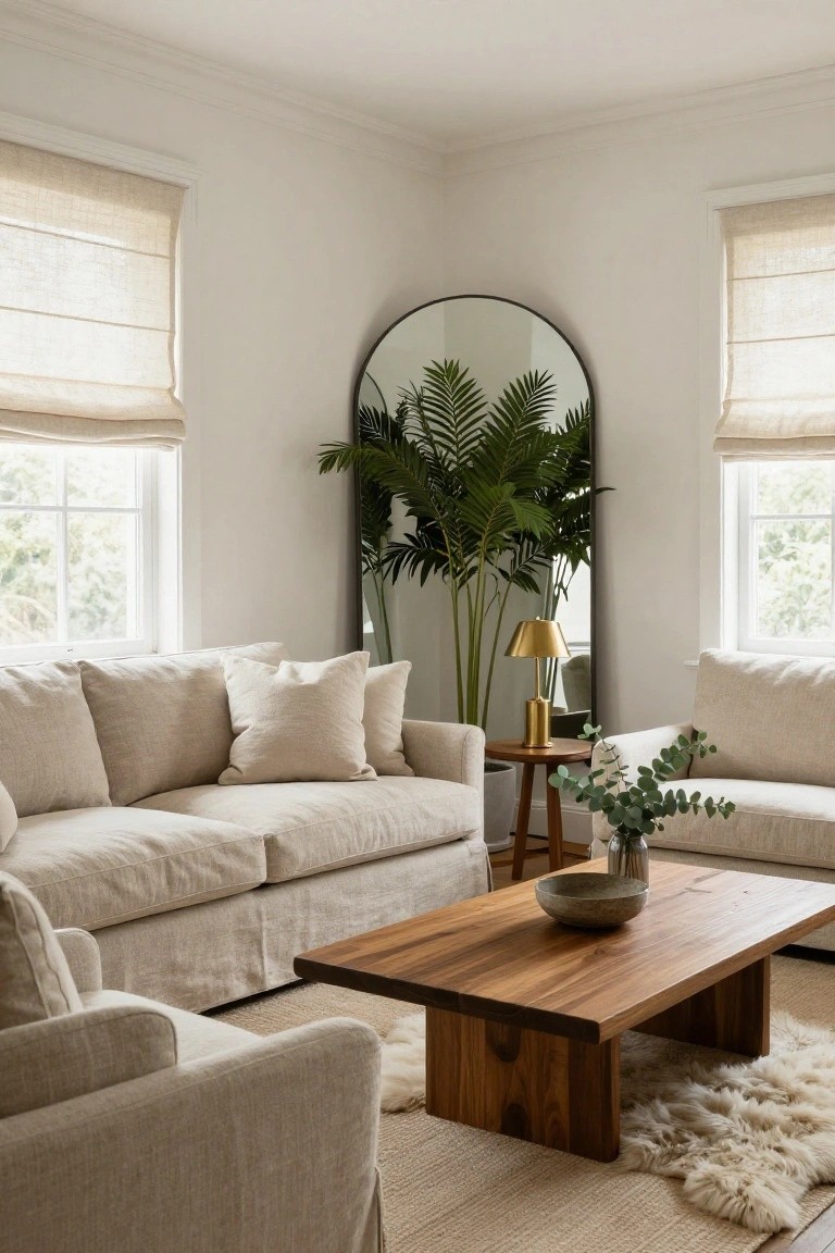 Corner of a light living room with two beige linen sofas facing each other across a low wooden coffee table, armchairs on either side, large arched black mirror next to potted palm plant, gold lamp on wood side table with eucalyptus vase, beige linen shades on windows, and sheepskin rug.