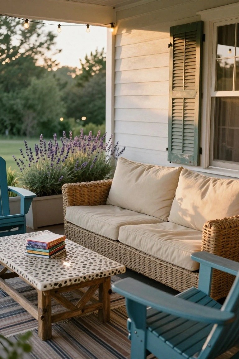 Covered porch featuring a beige cushioned wicker sofa, two teal Adirondack chairs, wooden coffee table with leopard print top, lavender planter, string lights overhead, and white house exterior with green shutters in evening light.