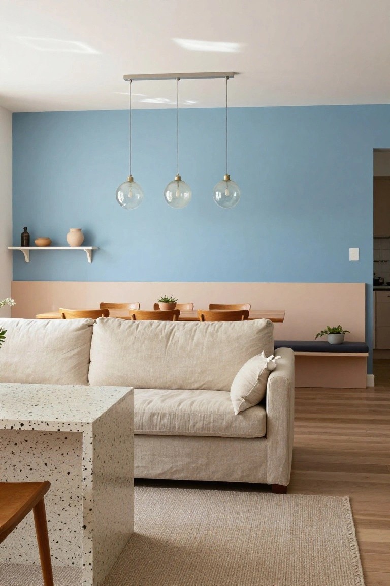 Modern interior with beige linen sofa and white terrazzo coffee table in foreground, blue upper wall and pale pink lower wall behind, wooden dining table and chairs in background.