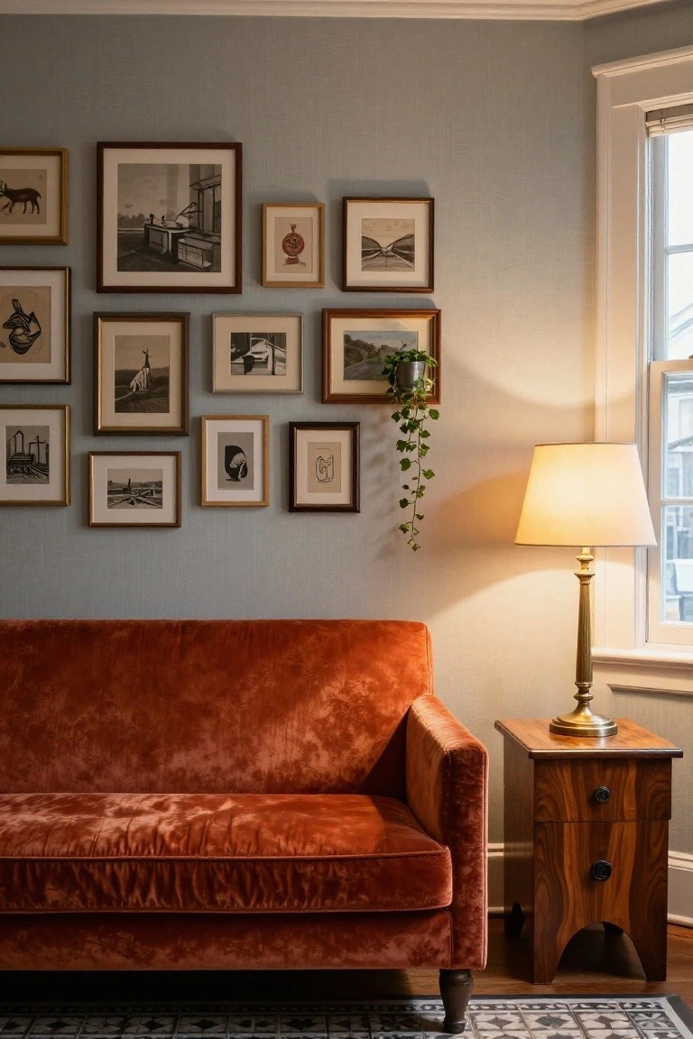 Burnt orange velvet sofa next to a wooden side table and brass lamp in a living room with light gray textured walls covered by a gallery wall of assorted black-and-white framed artwork and photos.