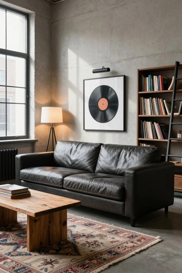 A living room with black leather sofa, wooden coffee table on patterned rug, tripod floor lamp, bookshelves with ladder, framed vinyl record artwork, and radiator against exposed concrete walls and large windows.