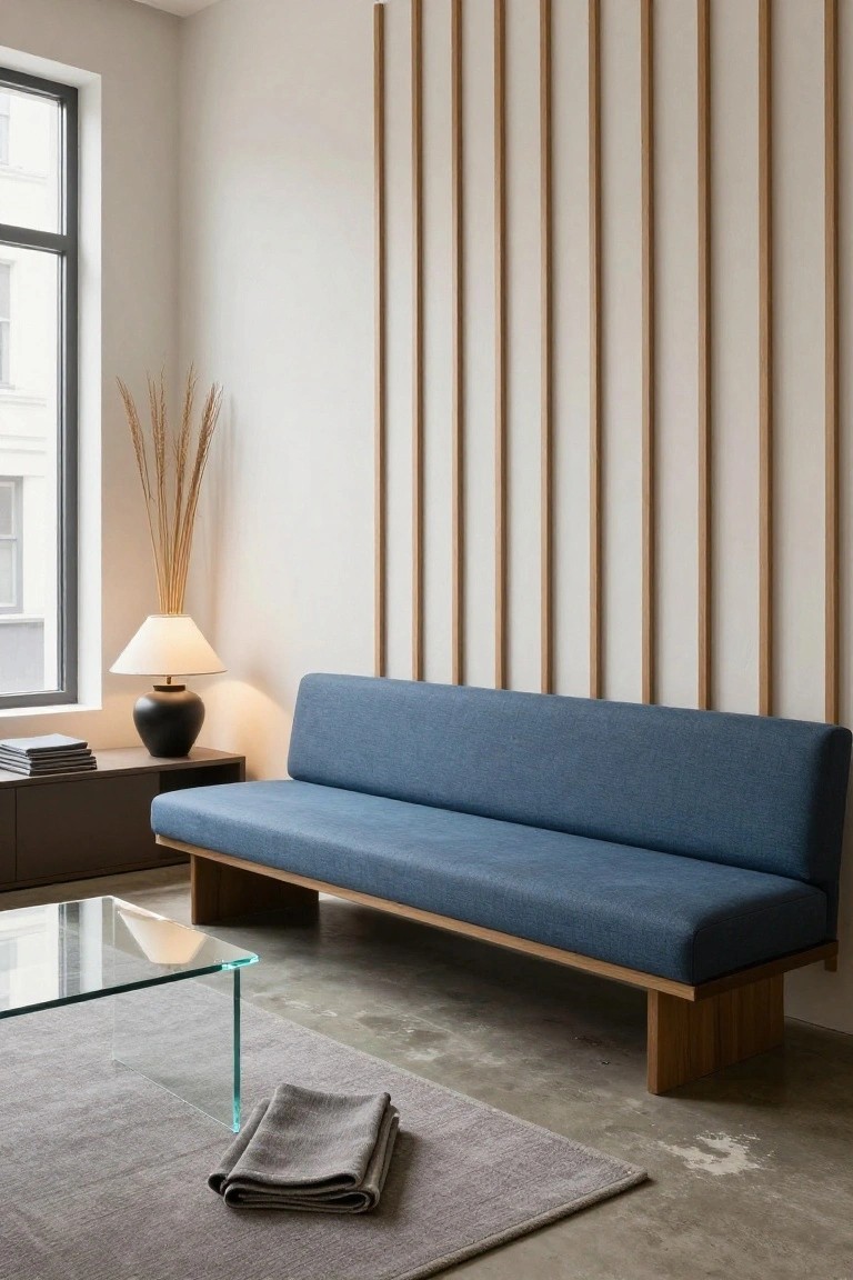 Modern interior room with low navy blue sofa in front of pale walls featuring vertical oak slats, glass coffee table, black ceramic lamp on wood console, tall dried reeds, and gray rug on concrete floor.