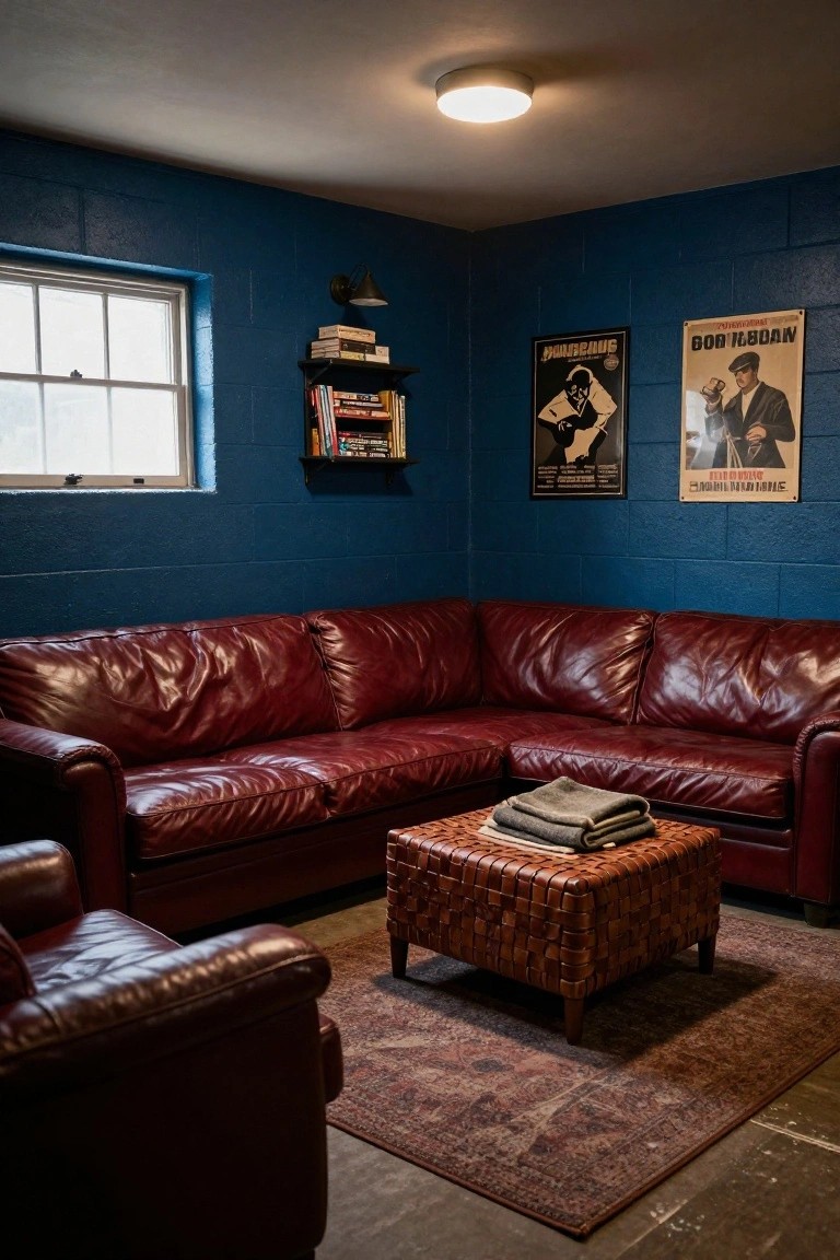 Basement room with navy blue cinderblock walls, red leather L-shaped sofa and armchair, woven leather ottoman with folded blankets, bookshelves, and framed posters of Bob Dylan and Soviet-era art.