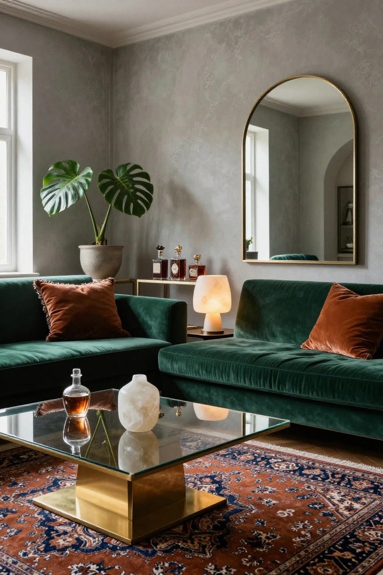 Living room with two emerald green velvet sofas, glass-topped brass coffee table, large potted monstera plants, gold arched mirror, and textured gray walls.