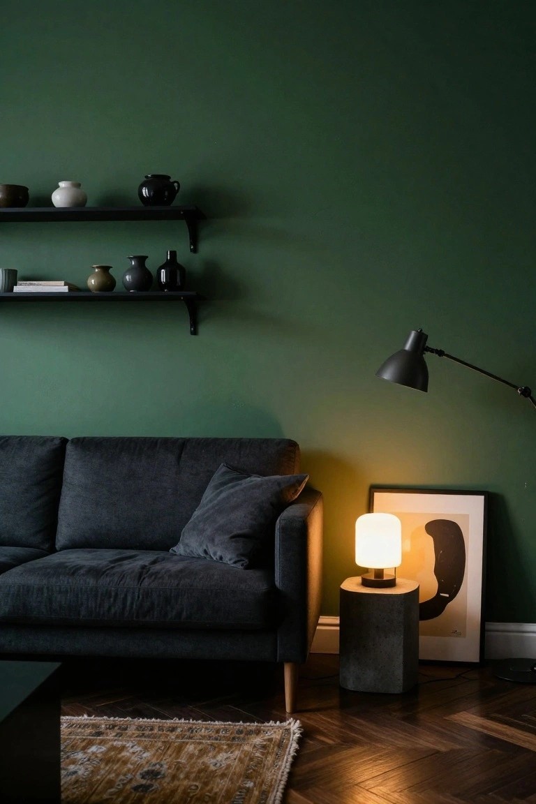 Living room with deep green walls, dark gray sofa, black floating shelves holding pottery and books, white-globed lamp on concrete pedestal next to framed abstract art print, black adjustable lamp overhead, low coffee table, patterned rug on herringbone wood floor.