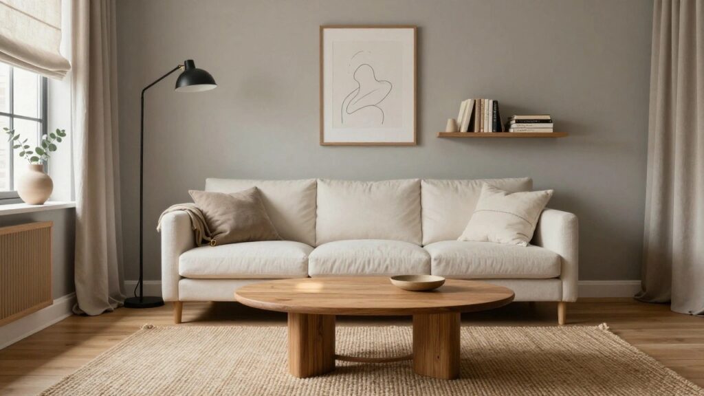 A living room corner with light beige-gray walls, white bouclé L-shaped sofa, round wooden coffee table, linen blinds on windows, and neutral vases and bookshelves.
