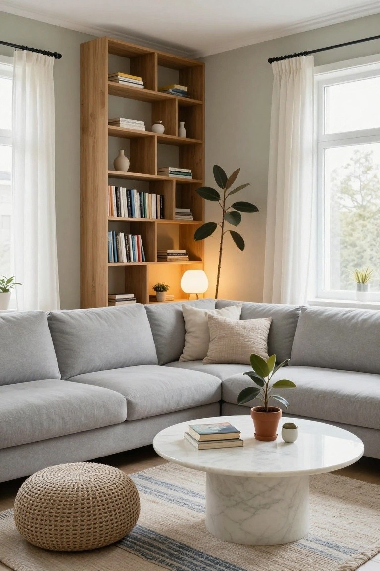 Light gray L-shaped sofa in a corner of a living room with pale green walls, wooden bookshelves stocked with books and plants, marble pedestal coffee table with books, woven pouf, and large windows with sheer white curtains.