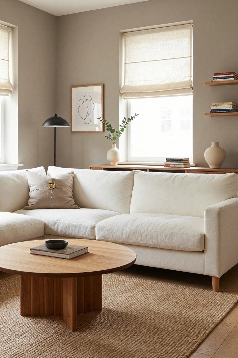 A living room corner with light beige-gray walls, white bouclé L-shaped sofa, round wooden coffee table, linen blinds on windows, and neutral vases and bookshelves.