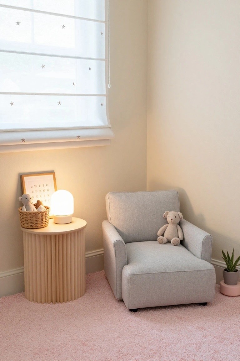 Corner of a nursery room with beige walls, star-patterned white blinds, a light gray armchair, fluted wooden side table holding a white lamp and basket of teddy bears, framed alphabet print, potted plant, and pink shag rug.