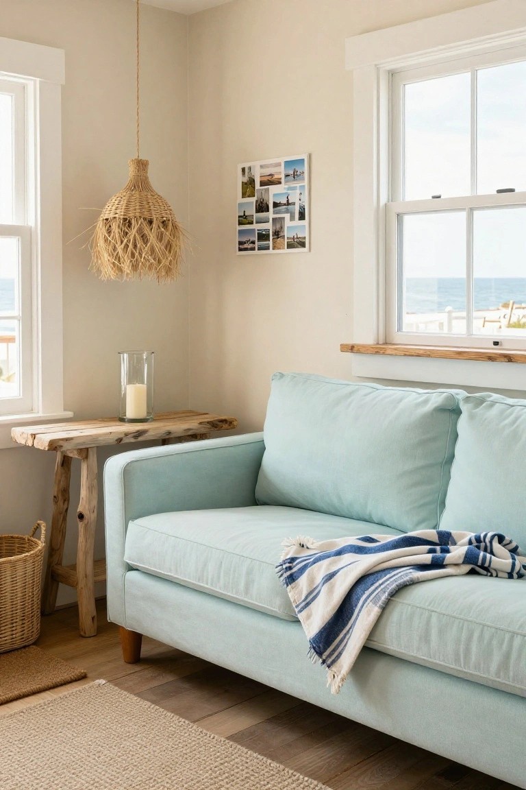 Cozy indoor living room corner with light teal sofa draped in striped throw blanket, rustic wooden side table with glass candle holder, woven pendant lamp hanging above, wicker basket on floor, and large windows overlooking ocean and boardwalk.