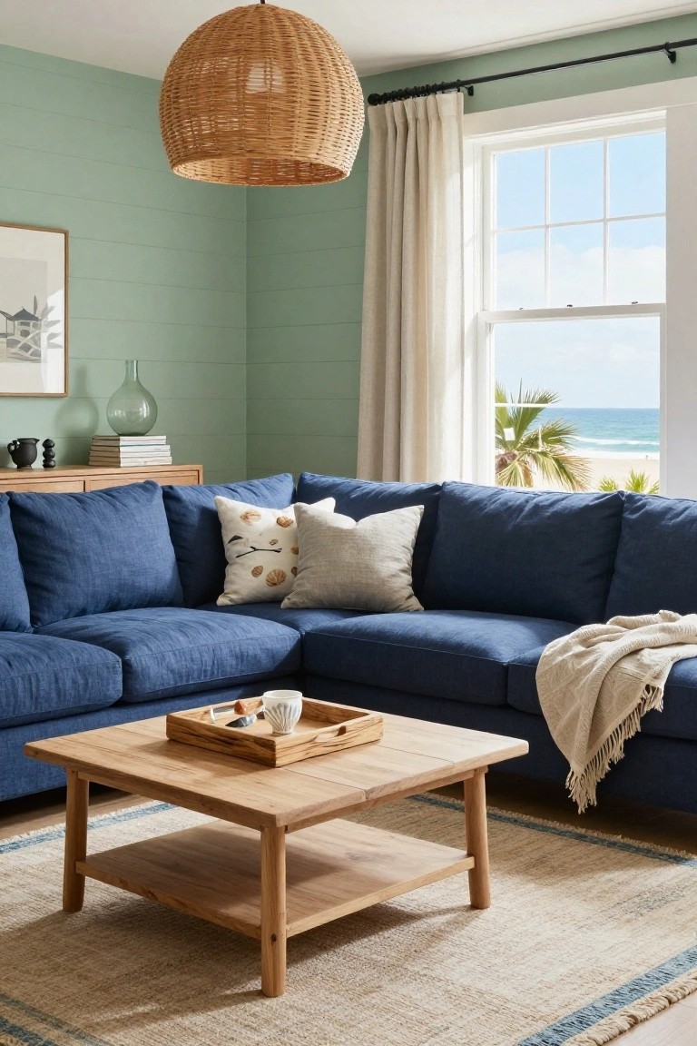 Living room corner with L-shaped navy blue linen sofa, wooden coffee table holding a tray, pale green shiplap walls, rattan pendant light, side table with vase and books, and large window showing ocean view with palm trees.