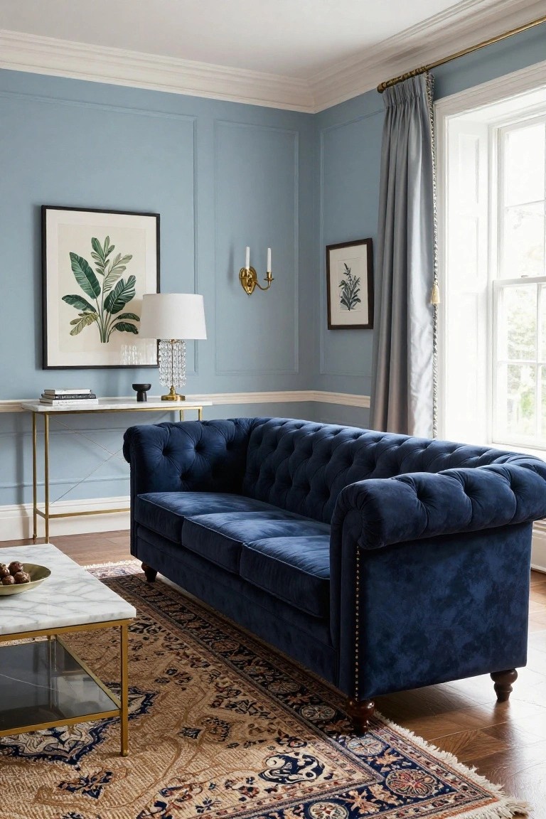 Living room with pale blue paneled walls, white trim, large navy blue tufted velvet sofa, brass console table with lamp, marble-top coffee table, oriental rug, and botanical artwork.