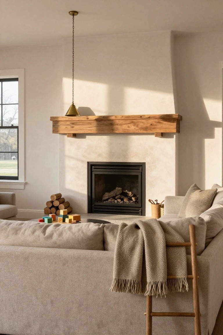 Living room interior with cream sofa draped in beige blanket near stacked firewood and gas fireplace with wooden mantel on light beige walls, brass pendant light overhead, and window viewing yard.