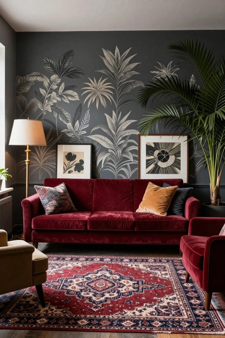 Living room with red velvet sofa and armchair on red Persian-style rug, dark gray walls featuring white botanical leaf wallpaper, large potted palm plant beside framed abstract artworks, brass floor lamp, and beige accent chair.