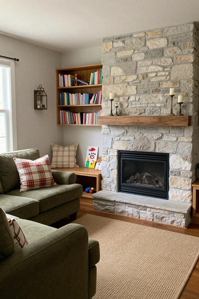 Cozy living room interior with two green upholstered sofas, beige stone fireplace with gas fire, wooden bookshelves filled with books, assorted pillows, and toys on the floor.