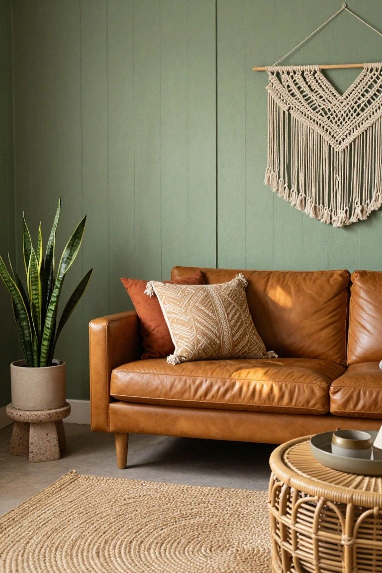 Brown leather sofa with patterned pillow against green wall with macrame and snake plant.