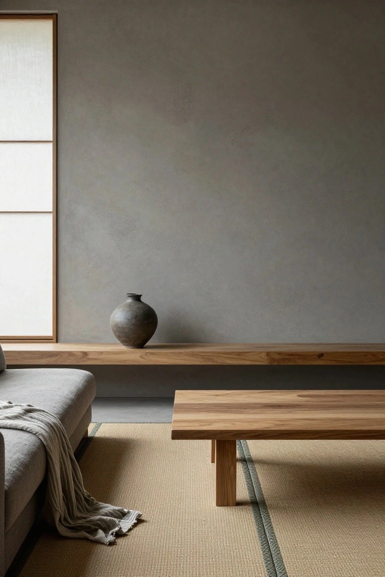 Modern interior with light gray sofa draped with a throw on tatami mat flooring, low wooden table, wooden shelf holding a black ceramic vase, shoji window, and textured gray walls.