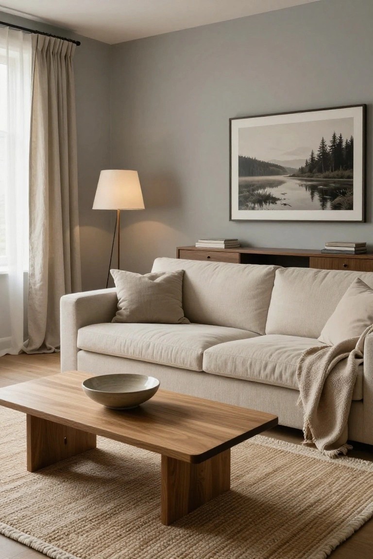 A cozy living room interior featuring light gray walls, a cream linen sofa with pillows and throw, wooden coffee table holding a white bowl, seagrass rug, floor lamp, wooden media cabinet, and large black-and-white photo of mountains and lake.