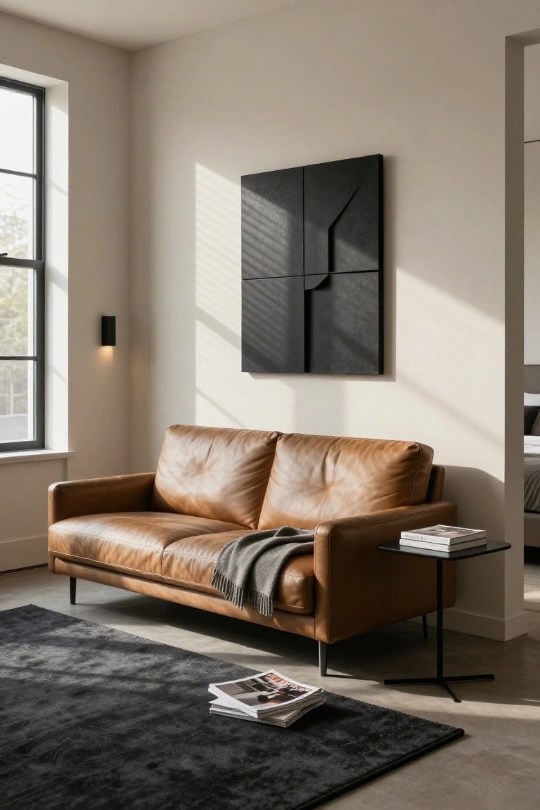 Modern living room with tan leather two-seater sofa on dark rug, black metal side table holding stacked magazines, large black geometric wall art on pale wall, black wall sconce, and window with blinds.