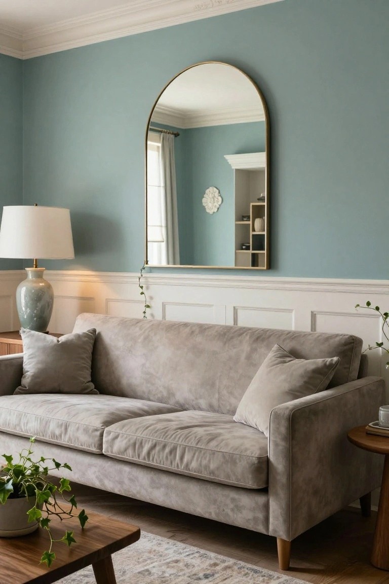 Light gray velvet sofa in a living room with pale teal walls, large arched gold mirror, white lamp on ceramic base, ivy plants, wood side table, and woven rug on wood floor.