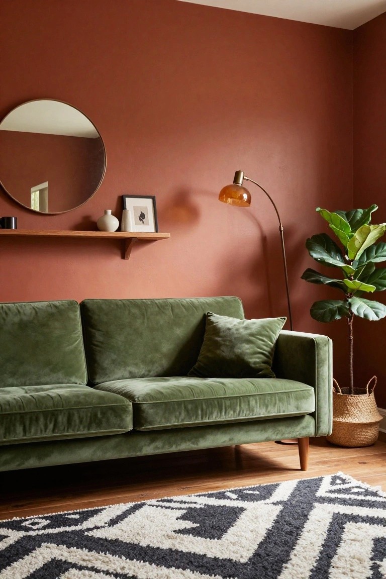 Corner of a living room with terracotta walls, emerald green velvet sofa, gold arched floor lamp, fiddle leaf fig plant in basket, wooden floating shelf holding vase and framed art, and black-and-white geometric rug on hardwood floor.
