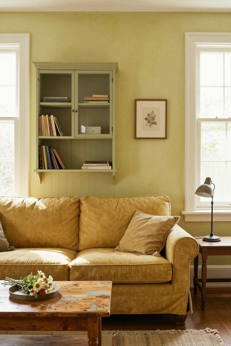 Living room with pale yellow walls, mustard yellow sofa, green wooden bookcase with books, wooden coffee table holding flowers in a metal dish, desk lamp on side table, and two windows.