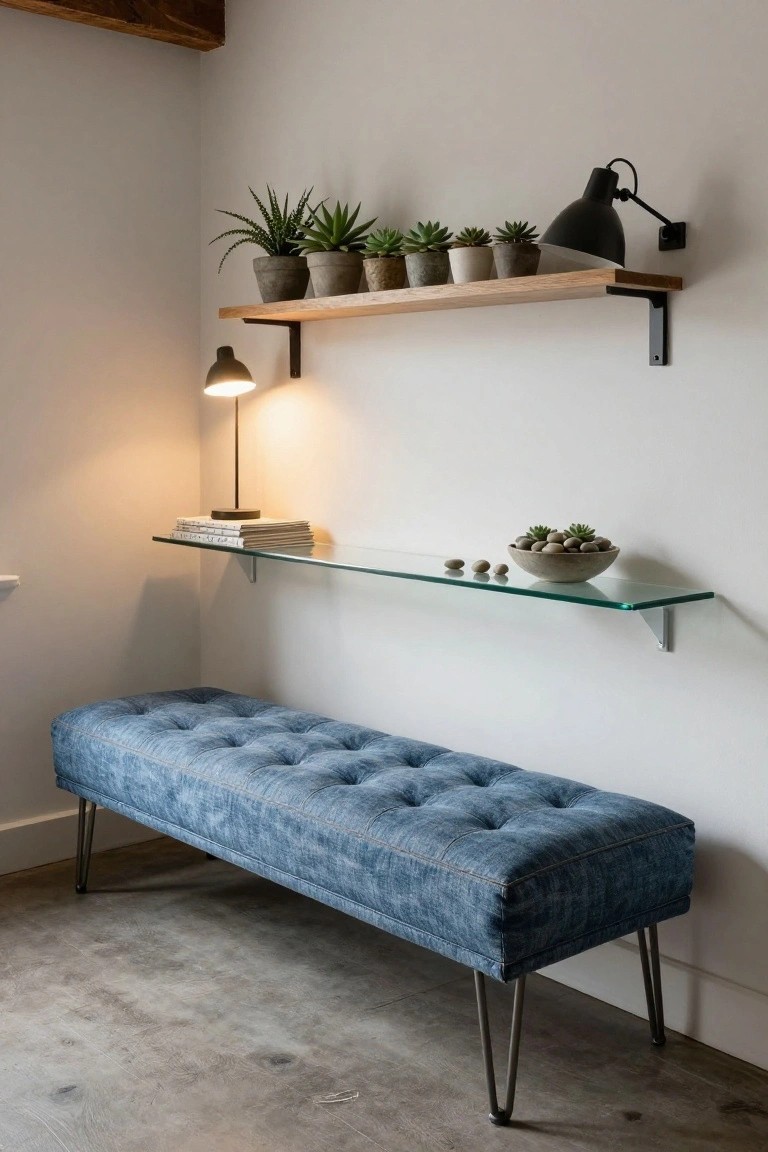 White corner room with wooden beam ceiling featuring oak floating shelves holding potted plants, a black wall lamp, a glass shelf with books and a bowl of succulents, and a blue tufted bench on hairpin legs below.