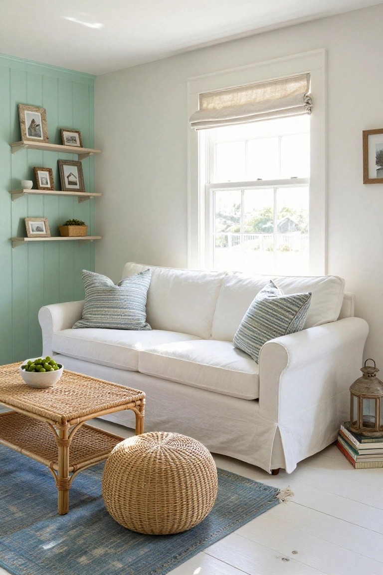 White slipcovered loveseat sofa in a bright corner room with mint green shiplap wall, floating wood shelves holding photo frames and plants, rattan coffee table with bowl of green grapes, woven pouf, and stacks of books near a window with linen roman shade.