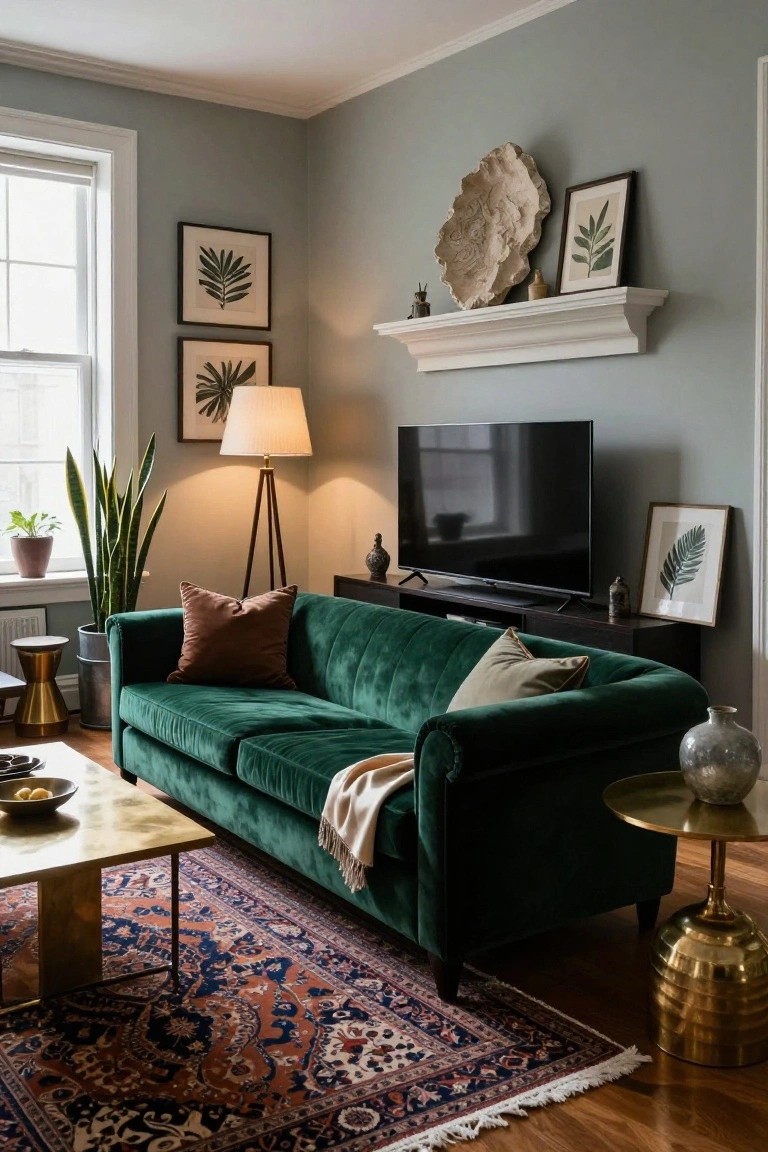 Emerald green velvet curved sofa in a narrow living room with pale gray walls, brass side tables, Persian-style rug, wall-mounted TV, potted plants, and a tripod floor lamp.