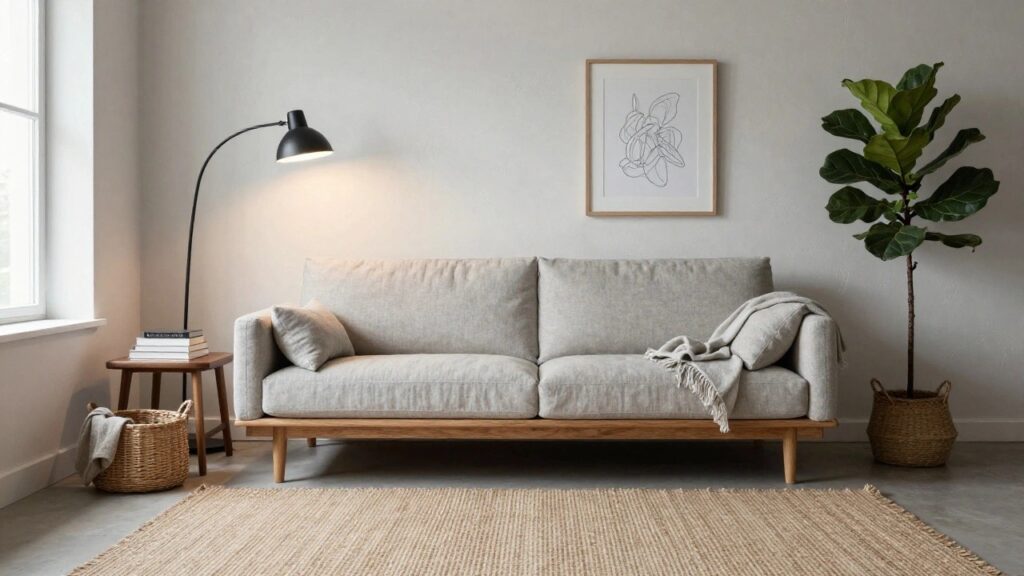 23 Sofa Ideas for Narrow Living Rooms That Improve Flow Light gray low-profile sofa with wooden legs in a narrow living room, beside a wooden console table stacked with books, a black arc floor lamp, fiddle leaf fig plant, seagrass baskets, and beige jute rug on light wood floors.