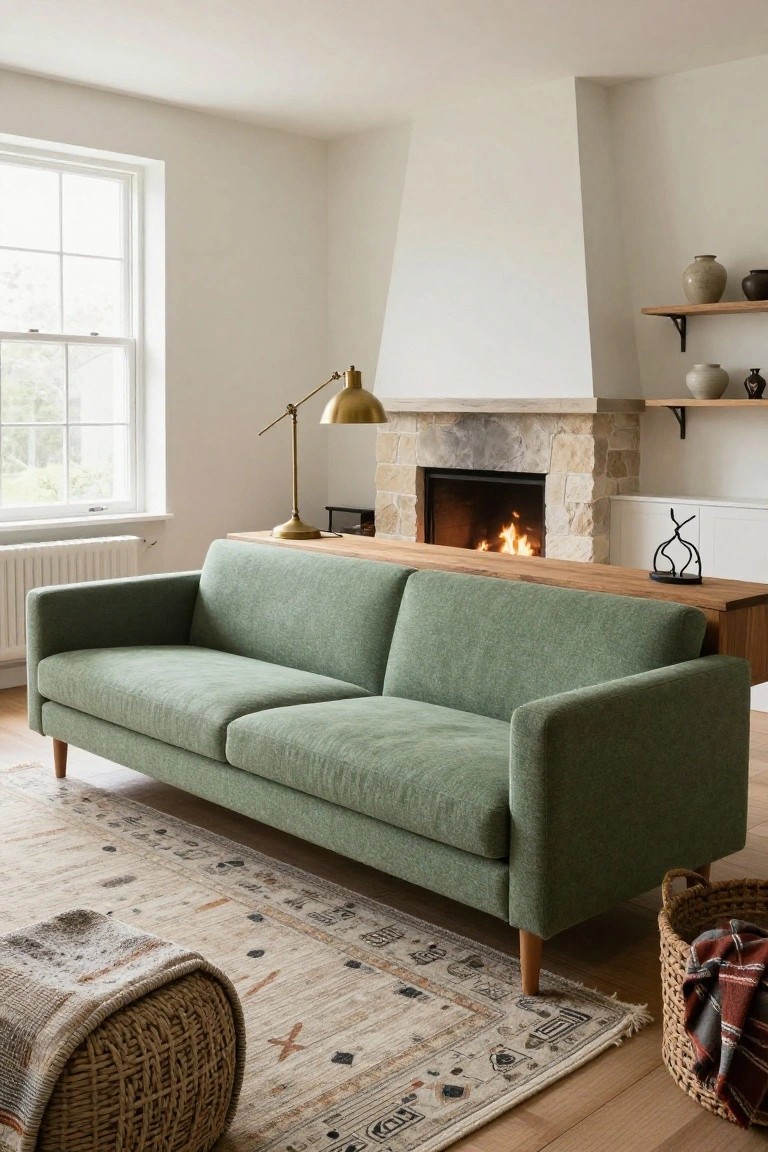 A green upholstered two-seater sofa with wooden legs in a living room facing a lit stone fireplace on a wooden mantel, next to a brass lamp, floating shelves with ceramics, a woven rug, and hardwood floors.