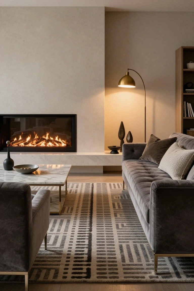 Narrow living room with long linear gas fireplace, gray tufted velvet sofa, brass-legged marble coffee table, arc floor lamp, and geometric rug on wood floors.