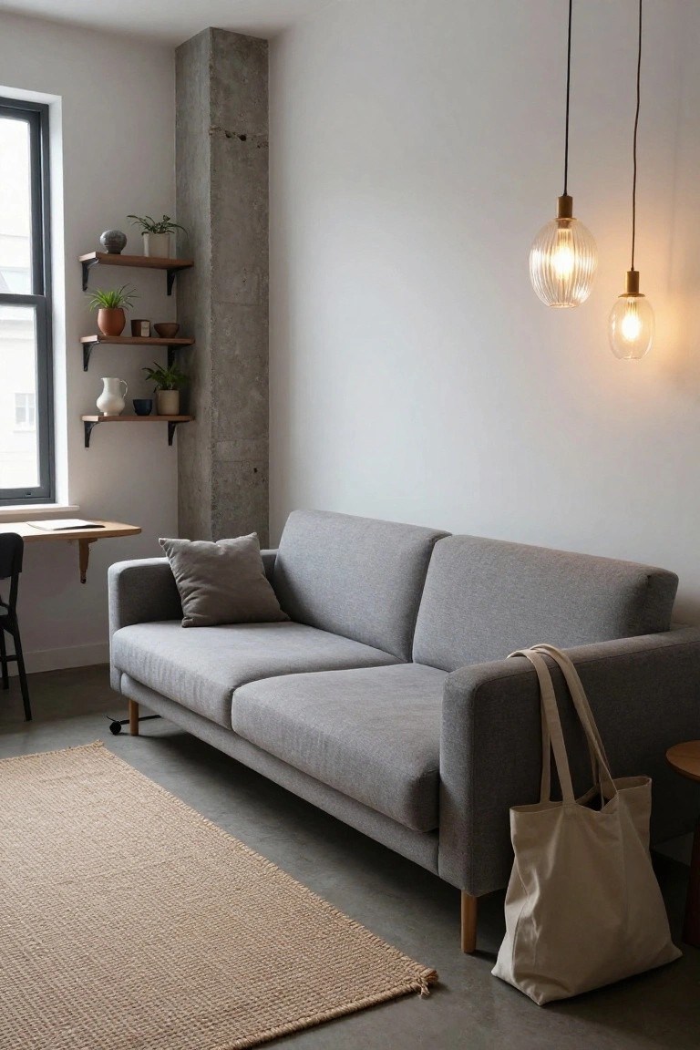 Gray fabric sofa with wooden legs positioned against a white wall in a narrow living room featuring a concrete pillar, wall shelves with plants, pendant lights, a small desk, jute rug, and beige tote bag draped over the arm.
