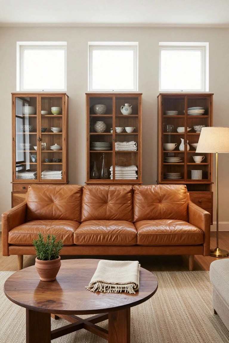 Tan low-profile leather three-seater sofa centered in a light gray living room between two tall wooden china cabinets filled with dishes, with a round wooden coffee table holding a plant and throw in front on a light rug.