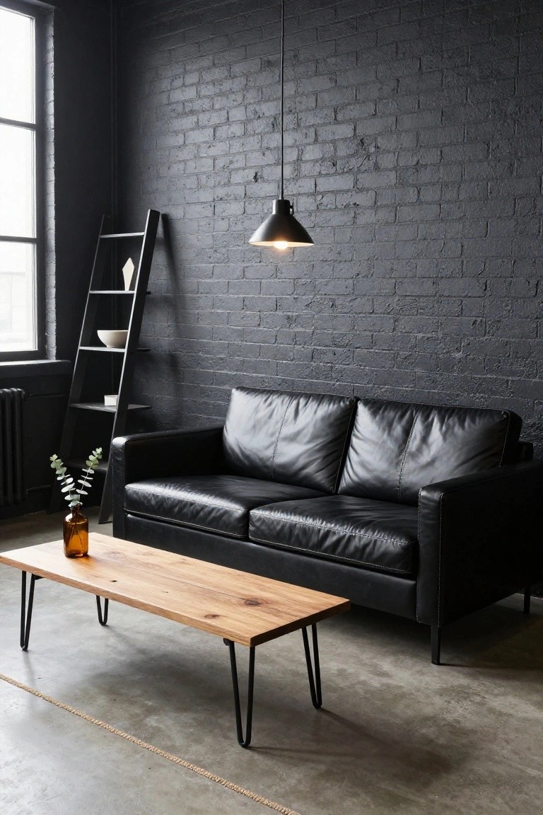 Narrow living room with black leather two-seater sofa, light wood coffee table on black hairpin legs, black ladder shelf with bowl and vase against dark exposed brick wall, pendant light overhead, concrete floor.