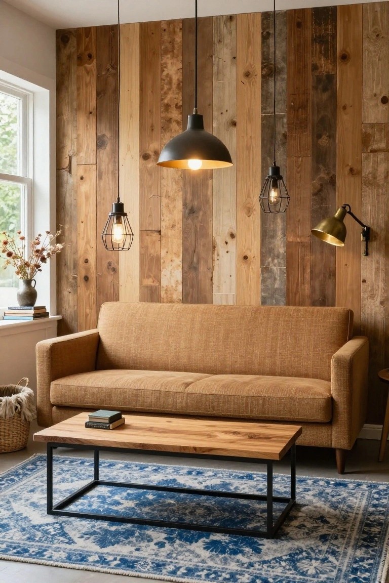 Narrow living room with low tan tufted sofa against vertical reclaimed wood wall, black metal pendant lights hanging above, rectangular wood coffee table on blue patterned rug, and plants near window.