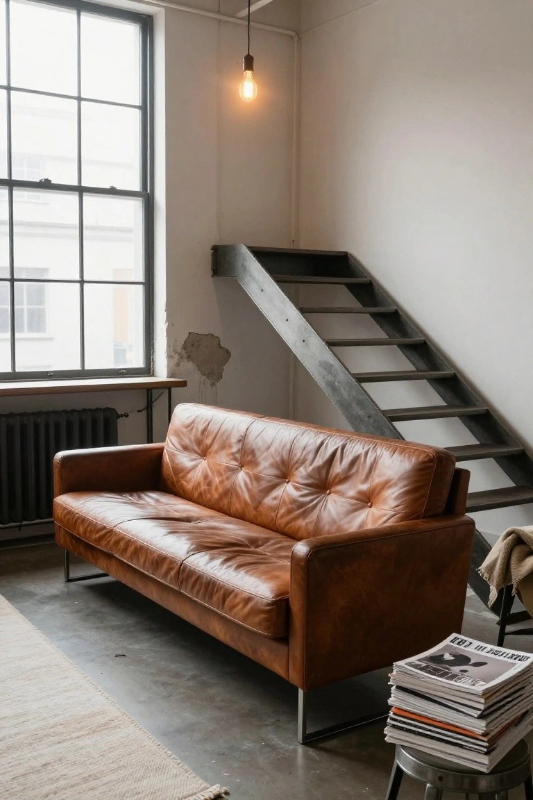 Tan tufted leather sofa with thin metal legs in a white industrial room featuring a large window, metal staircase, radiator, and stack of magazines on a stool.