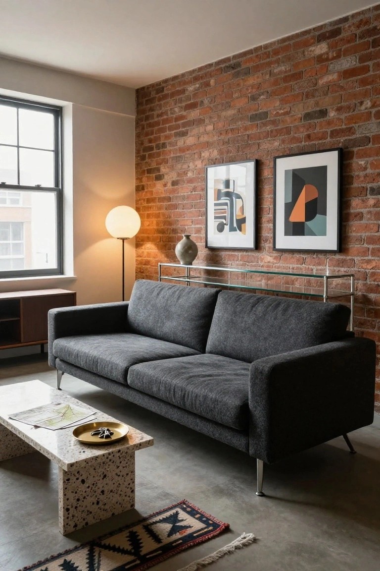 Narrow living room featuring a low-profile gray sofa with slim legs, terrazzo coffee table with a map and brass tray, exposed brick accent wall with abstract art and glass shelving, wooden credenza, floor lamp, and patterned rug on concrete floor.