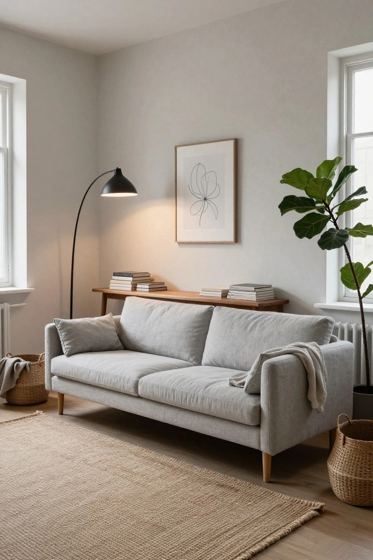 Light gray low-profile sofa with wooden legs in a narrow living room, beside a wooden console table stacked with books, a black arc floor lamp, fiddle leaf fig plant, seagrass baskets, and beige jute rug on light wood floors.