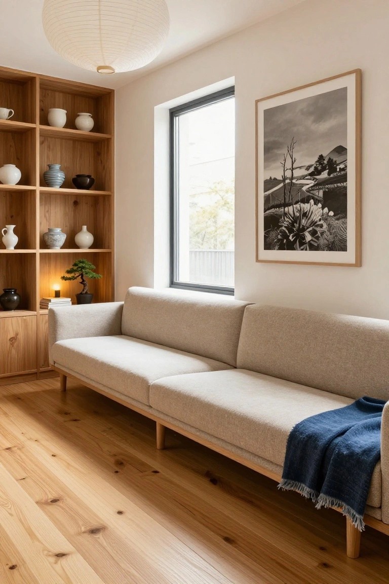 A long low-profile beige sofa on slim wooden legs positioned against wooden bookshelves in a narrow living room with pottery displays, a bonsai tree, a large black-and-white landscape photo on the wall, and a window with natural light.