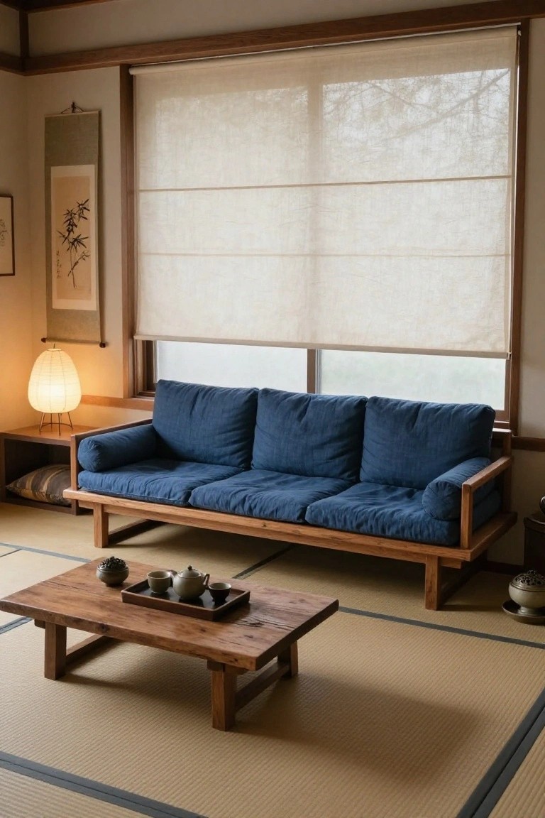 Japanese-style living room interior with low wooden sofa featuring navy cushions on raised legs, low wooden table holding a teapot and cups, tatami flooring, paper lantern lamp, and shoji window shades.
