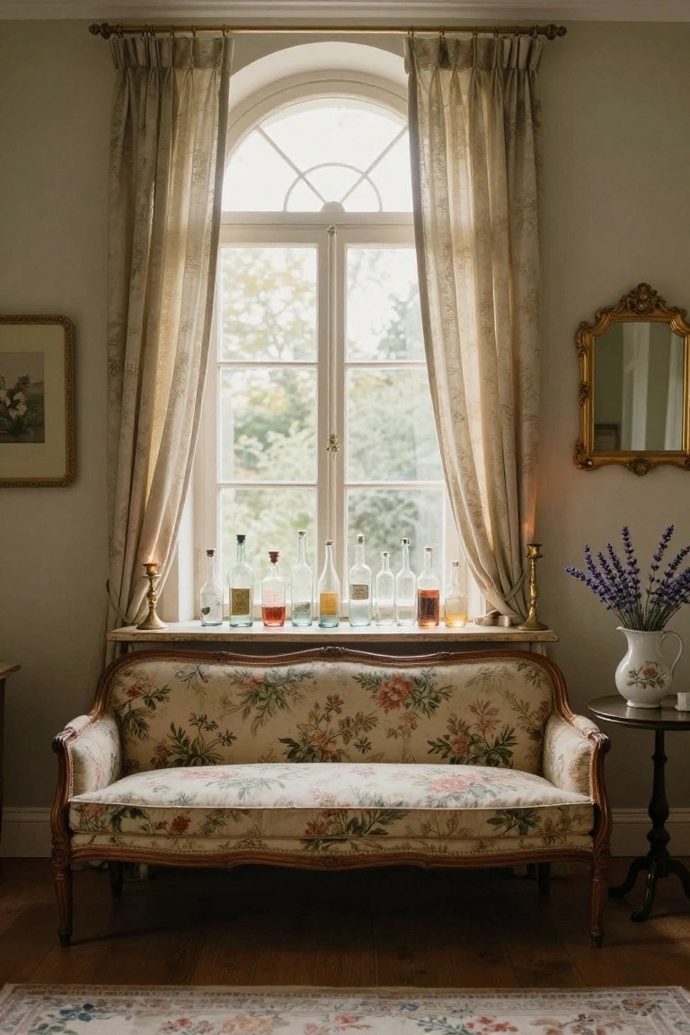 Narrow living room featuring a floral-upholstered antique settee against a wall under a windowsill displaying glass bottles and candles, with sheer curtains on an arched window and lavender flowers nearby.