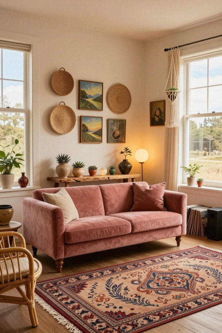 Cozy living room with pink velvet sofa, woven baskets, and colorful patterned rug.