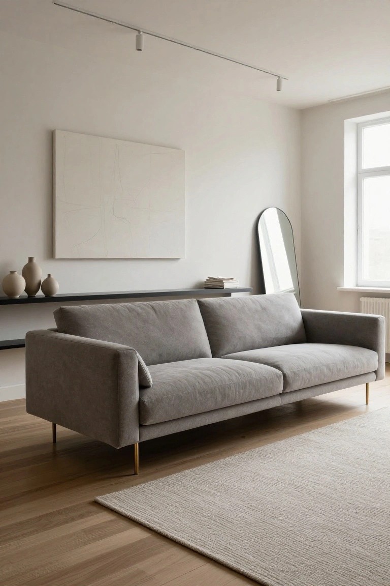 Minimalist living room with gray sofa, abstract art, and arched mirror.