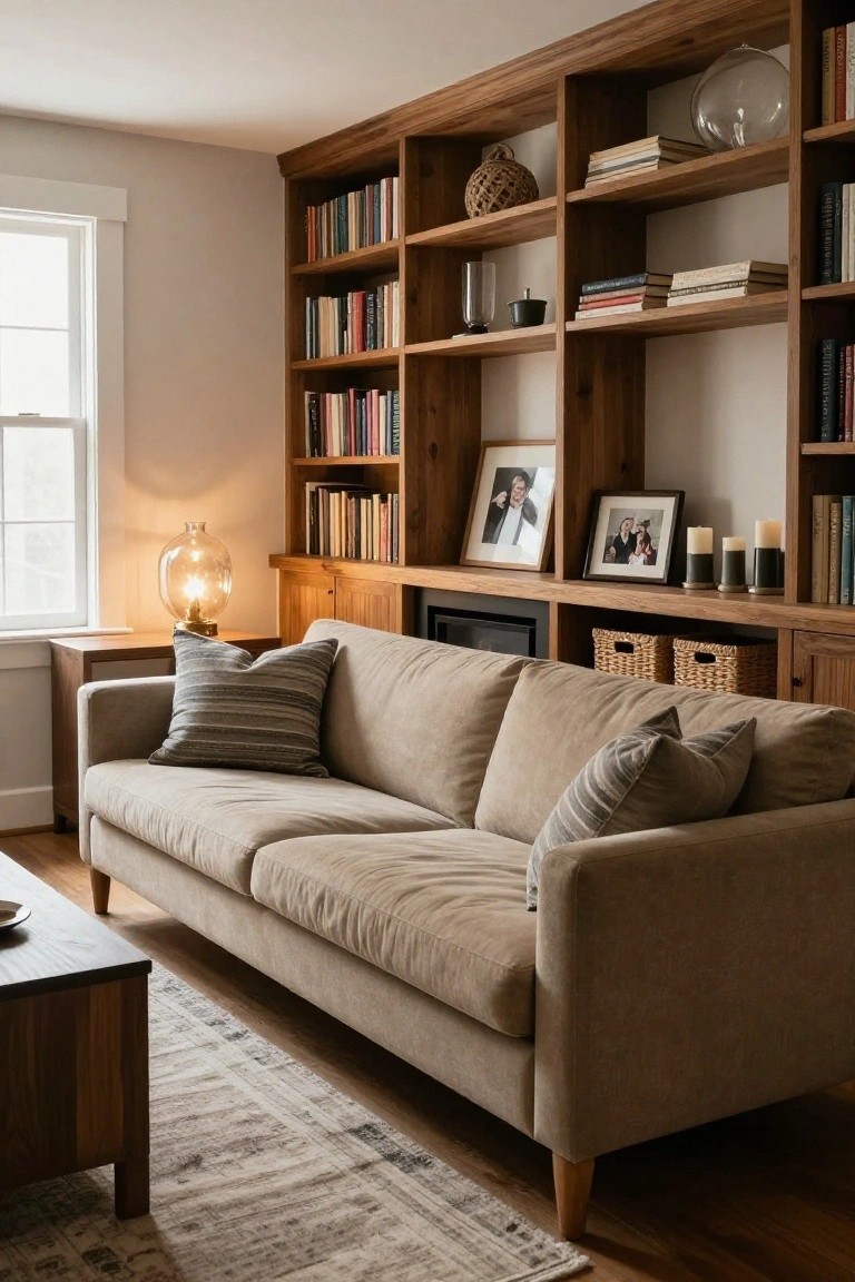 A beige low-profile sofa positioned against wooden built-in bookshelves in a living room with a wooden coffee table, end table, lamp, and window.