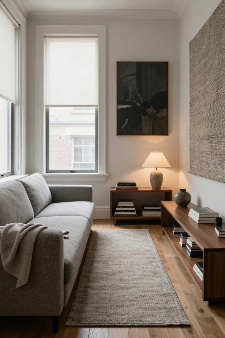 Narrow living room with light gray sofa against wall with two large windows, wooden console tables at each end holding books and lamp, beige runner rug on hardwood floors, neutral artwork on walls.
