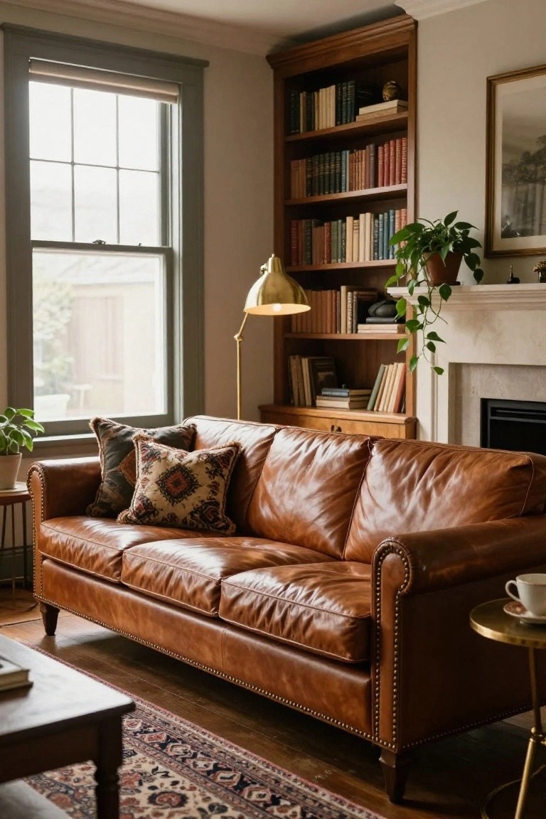 A narrow living room with a tan tufted leather sofa against wooden bookshelves and a fireplace, featuring plants, a brass lamp, window, and Persian rug.
