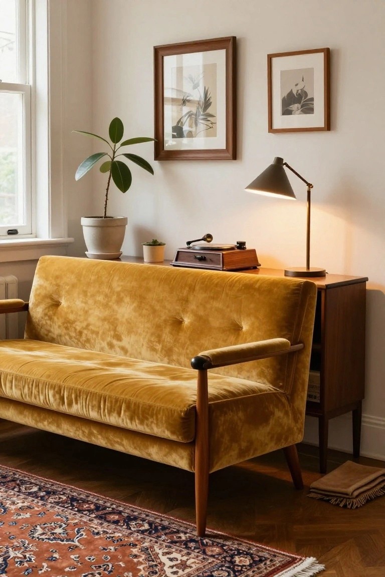 Mustard yellow velvet tufted loveseat with wooden legs and arms positioned next to a wooden credenza topped with a record player, in a light room with plants, framed art, a lamp, and a patterned rug on hardwood floors.