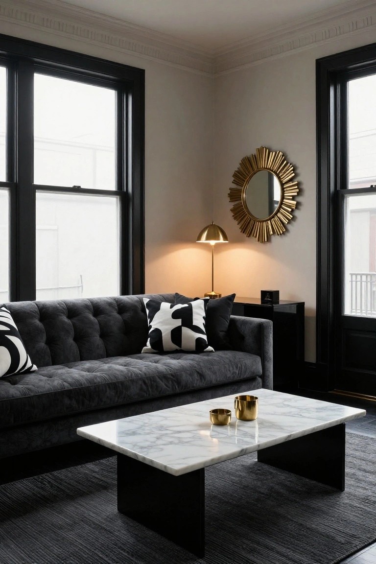 Charcoal gray tufted sofa with black and white patterned pillows, low marble-top coffee table, gold lamp and cups, sunburst mirror, and black side table in a corner living room with large black-framed windows.